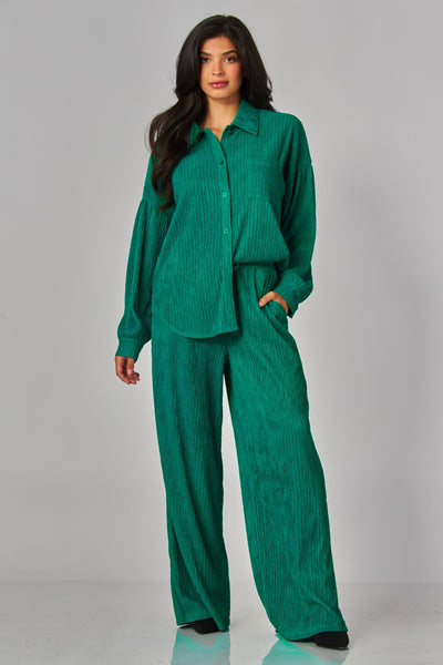 Crinkled Plisse Button Down Blouse + Pants Set