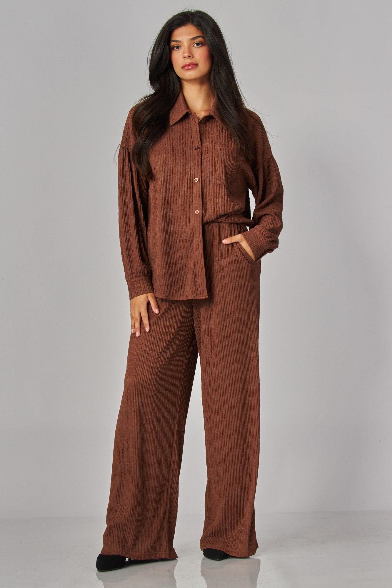 Crinkled Plisse Button Down Blouse + Pants Set