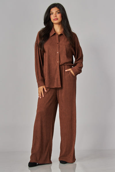 Crinkled Plisse Button Down Blouse + Pants Set