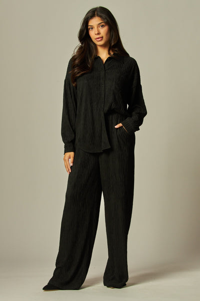 Crinkled Plisse Button Down Blouse + Pants Set
