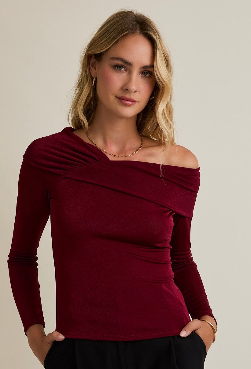 Stretch Asymmetric Neck Long Sleeve Top