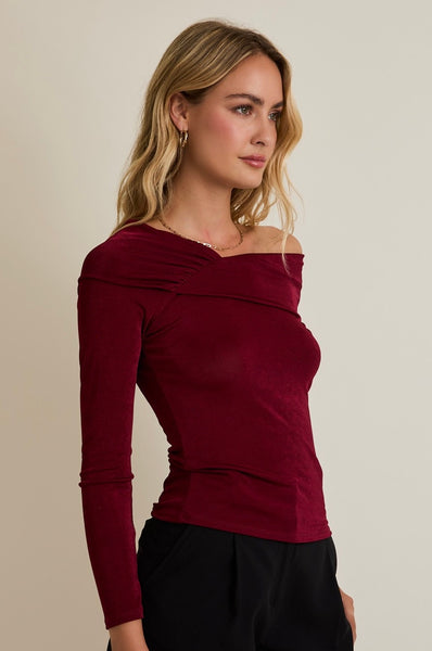 Stretch Asymmetric Neck Long Sleeve Top