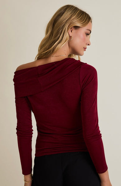 Stretch Asymmetric Neck Long Sleeve Top