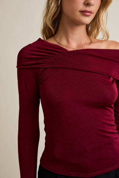 Stretch Asymmetric Neck Long Sleeve Top