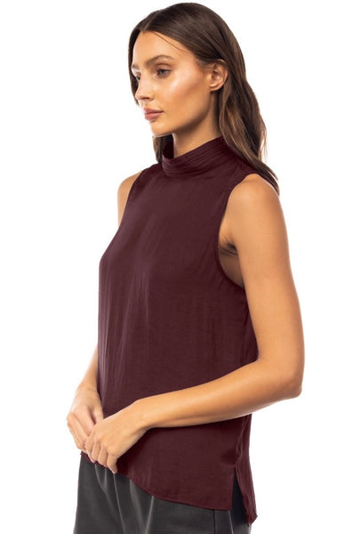 Satin Sleeveless Pleated Mock Neck Top