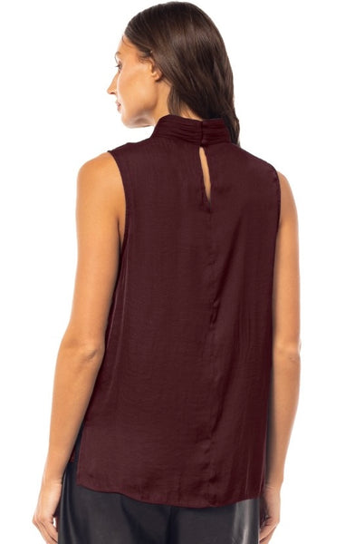 Satin Sleeveless Pleated Mock Neck Top