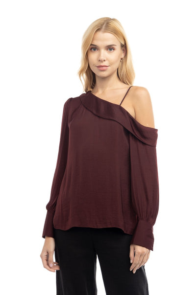 Satin Long Sleeve Asymmetric Shoulder Blouse