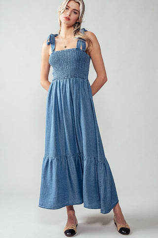 Smocked Chambray Midi Summer Dress