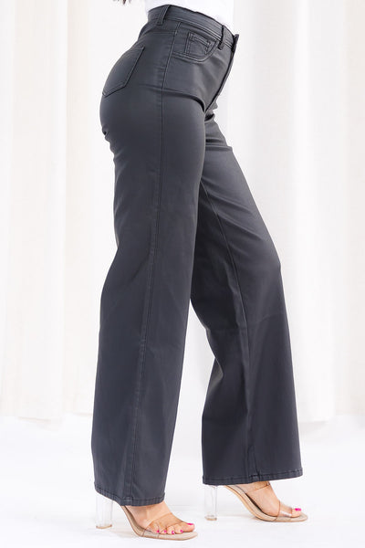 High Waist Stretch Faux Leather Coated WideLeg Pants