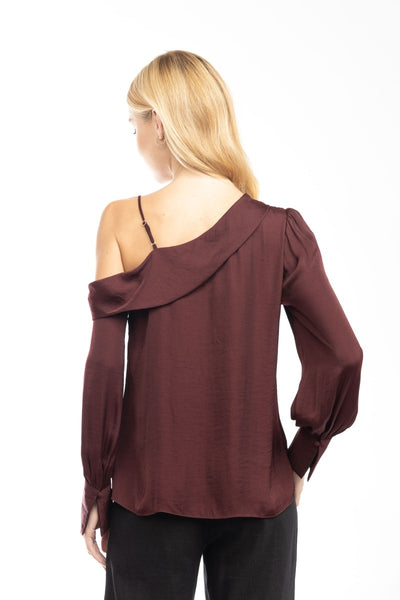 Satin Long Sleeve Asymmetric Shoulder Blouse