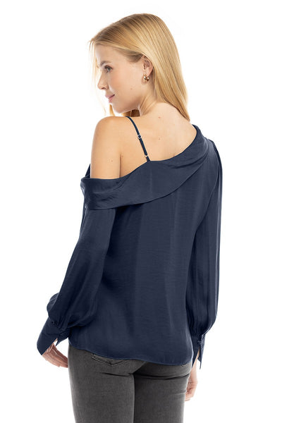 Satin Long Sleeve Asymmetric Shoulder Blouse