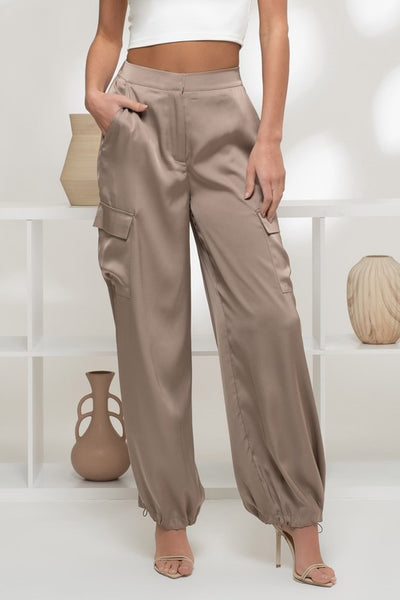 Satin High Waist Cargo Jogger Pants