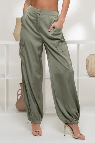 Satin High Waist Cargo Jogger Pants