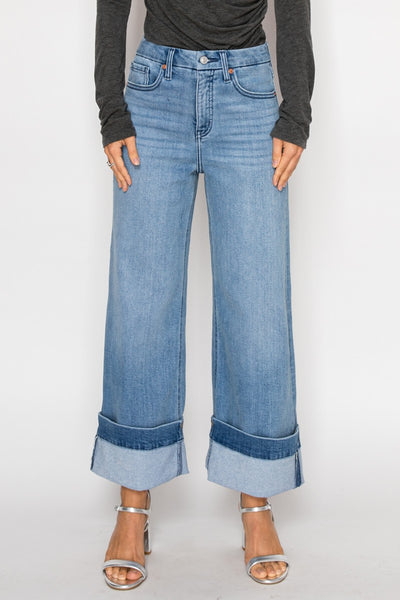 (Un-cuffable) with Snap Button Stretch High Rise Wideleg Jeans