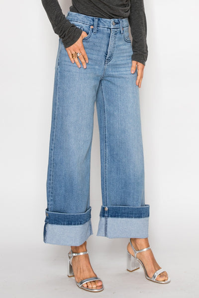 (Un-cuffable) with Snap Button Stretch High Rise Wideleg Jeans