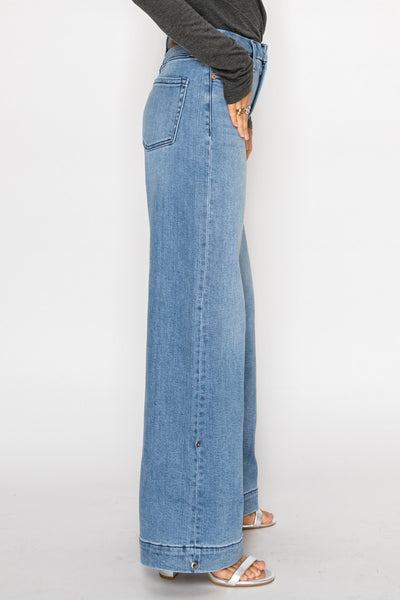 (Un-cuffable) with Snap Button Stretch High Rise Wideleg Jeans