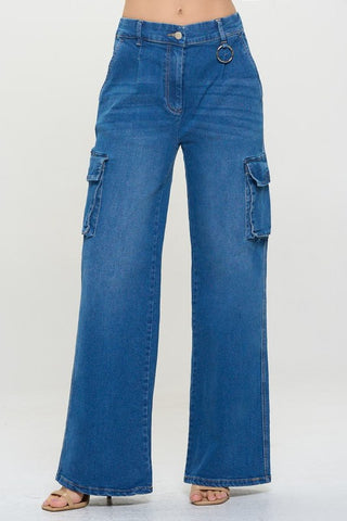 Stretch High Rise Wide Leg Cargo Jeans