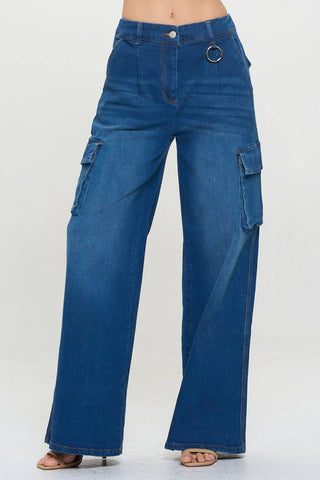 Stretch High Rise Wide Leg Cargo Jeans