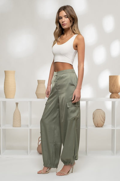 Satin High Waist Cargo Jogger Pants