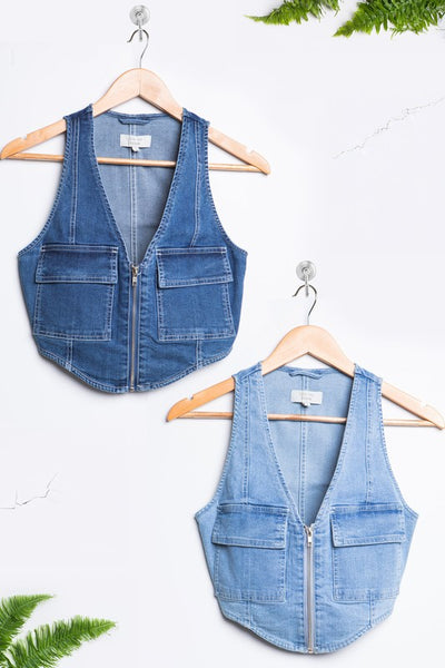 Denim Sleeveless Zipper Crop Vest