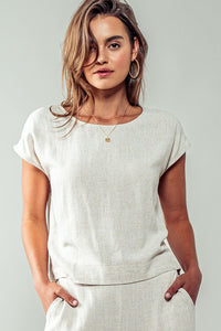 Linen Blend Round Neck Short Sleeve Top