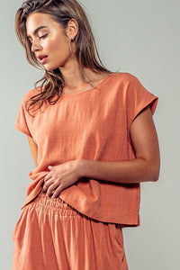 Linen Blend Round Neck Short Sleeve Top