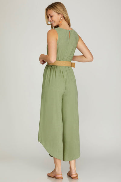 Linen Mix Belted Culotte Jumpsuit