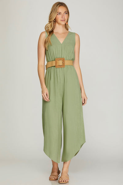 Linen Mix Belted Culotte Jumpsuit