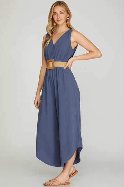 Linen Mix Belted Culotte Jumpsuit