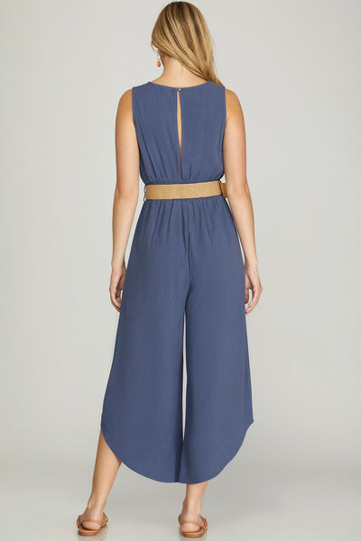 Linen Mix Belted Culotte Jumpsuit