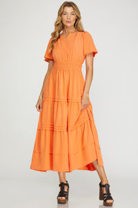 Short Sleeve Smock Waist Midi Dress