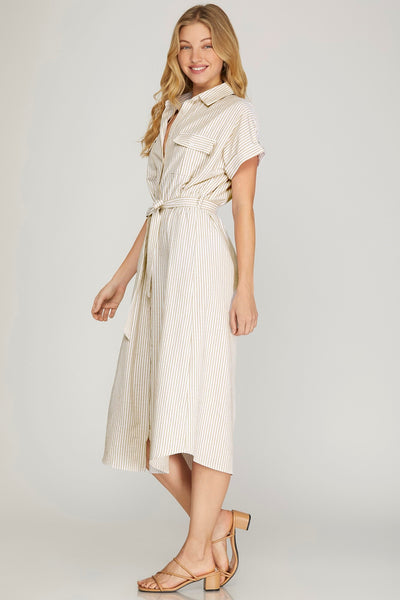 Drop Shoulder Striped Belted Summer Dress