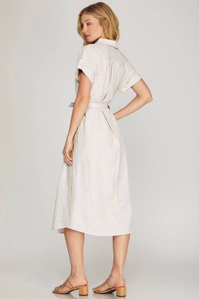 Drop Shoulder Striped Belted Summer Dress