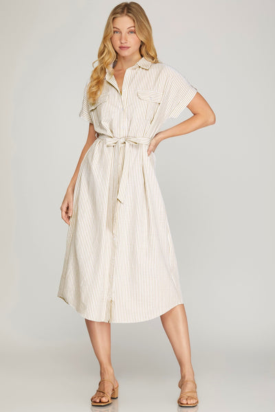 Drop Shoulder Striped Belted Summer Dress