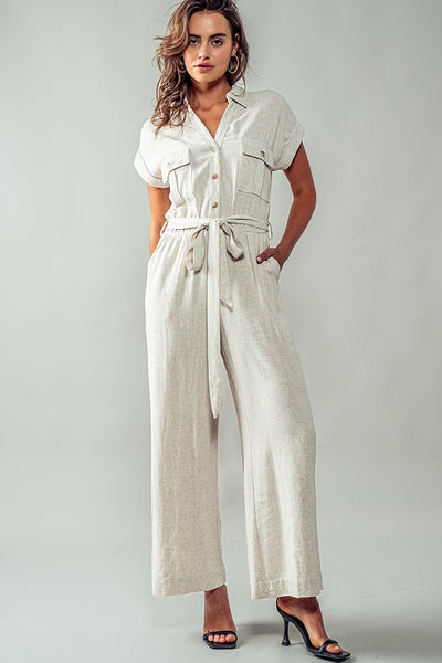 Linen Mix Button Down Belted Wide Leg Culotte Jumpsuit