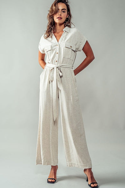 Linen Mix Button Down Belted Wide Leg Culotte Jumpsuit