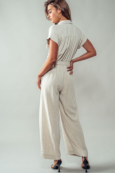 Linen Mix Button Down Belted Wide Leg Culotte Jumpsuit