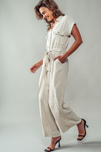 Linen Mix Button Down Belted Wide Leg Culotte Jumpsuit