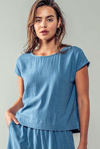 Linen Blend Round Neck Short Sleeve Top