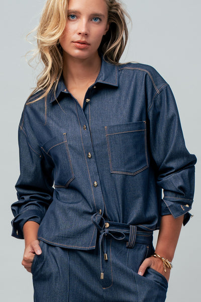 Super Stretch Denim Contrast Topstitched Shirt