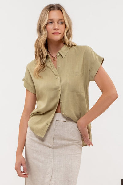 Linen Mix Button Down Short Sleeve Shirt