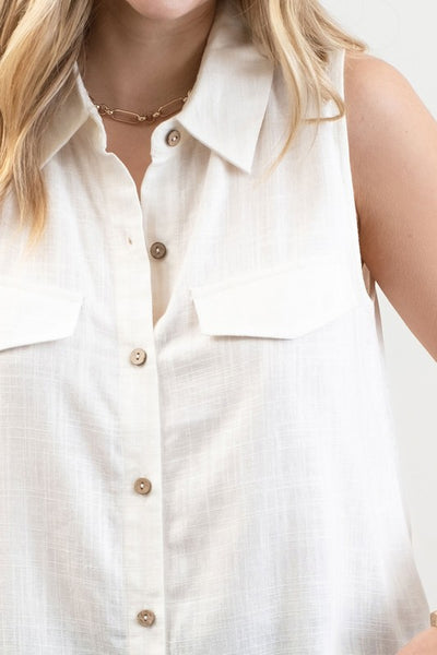 Linen Mix Sleeveless Button Down Shirt