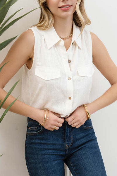 Linen Mix Sleeveless Button Down Shirt