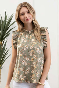 Satin Floral Ruffle Sleeve Blouse