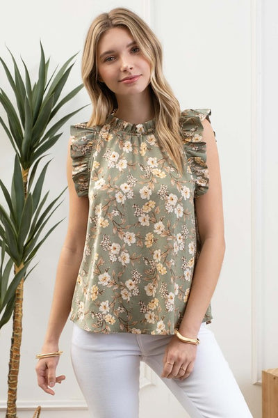 Satin Floral Ruffle Sleeve Blouse