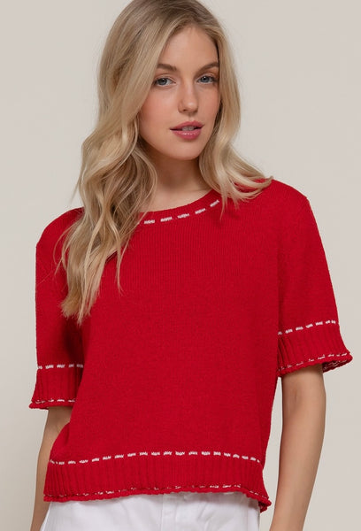 Contrast Stitch Short Slv Knit Top