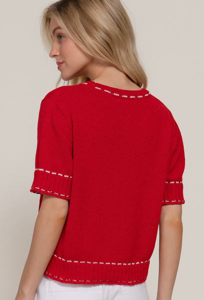 Contrast Stitch Short Slv Knit Top