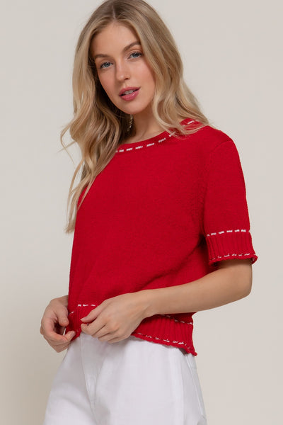 Contrast Stitch Short Slv Knit Top