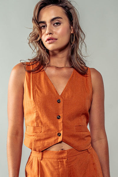 Linen Mix V-Neck Button Down Vest