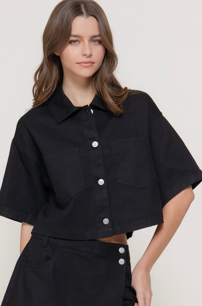 Short Slv Stretch Cotton Twill Boxy Jacket Top
